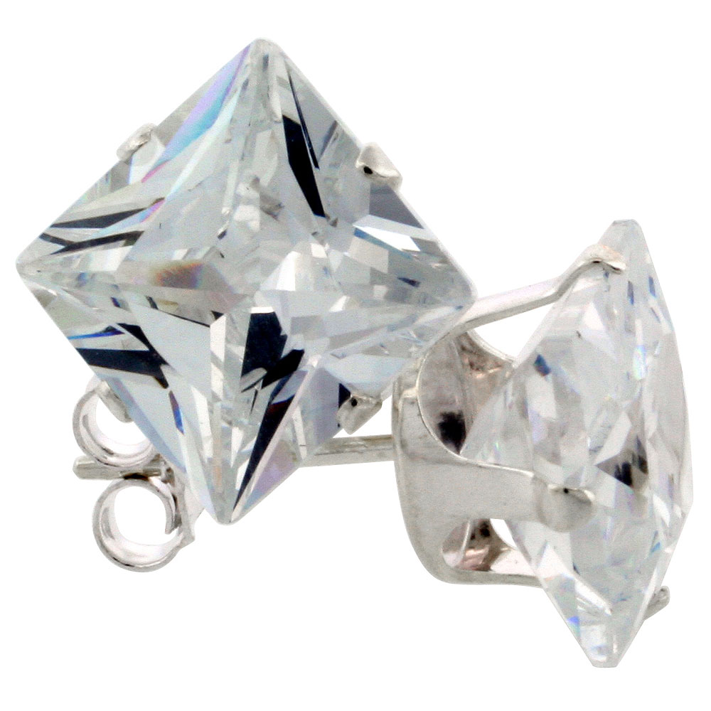 Sterling Silver Cubic Zirconia Square Earrings Studs 9 mm Princess cut Basket Setting 8 carat/pair