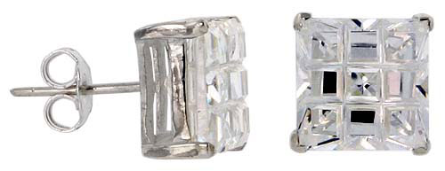 Sterling Silver Cubic Zirconia Invisible Cut Square Earrings Studs 10 mm Basket Set 11 carat/pair