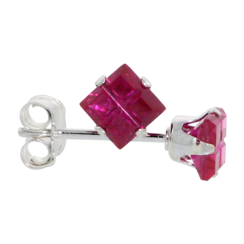 Sterling Silver Cubic Zirconia Invisible Cut Square Ruby Earrings Studs Red Color 3/4 carat/pair