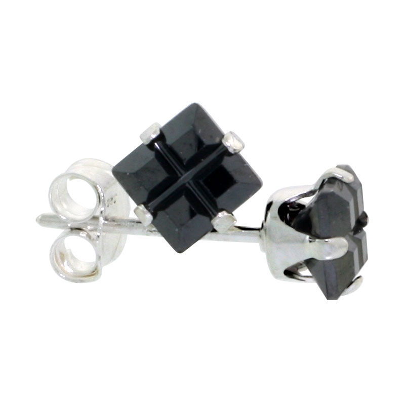 Sterling Silver Cubic Zirconia Invisible Cut Square Black Earrings Studs 3/4 carat/pair