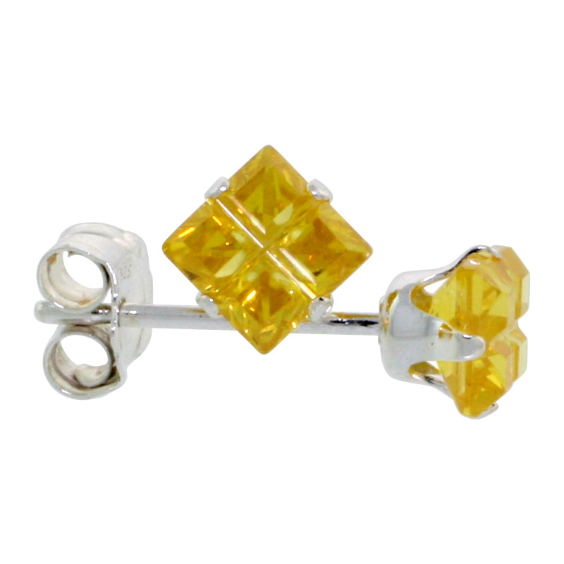 Sterling Silver Cubic Zirconia Invisible Cut Square Citrine Earrings Studs Yellow 3/4 carat/pair