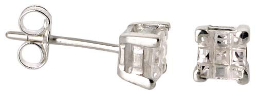 Sterling Silver Cubic Zirconia Invisible Cut Square Earrings Studs 4 mm Basket Set 1/3 carat/pair