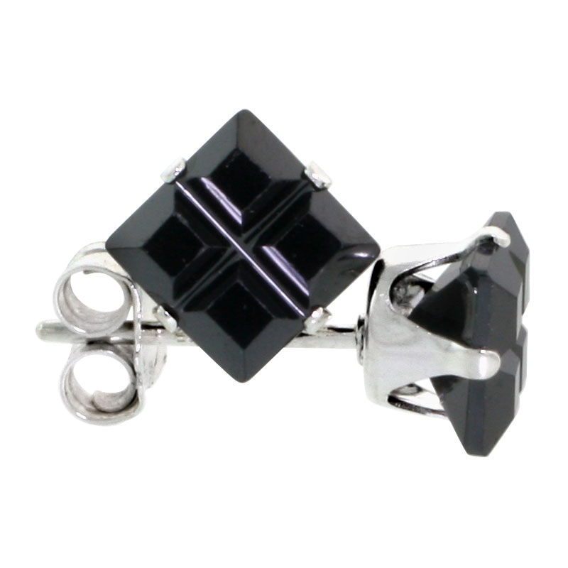 Sterling Silver Cubic Zirconia Invisible Cut Square Black Earrings Studs 1.5 carat/pair