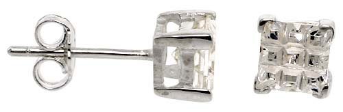 Sterling Silver Cubic Zirconia Invisible Cut Square Earrings Studs 5 mm Basket Set 1.5 carats/pair