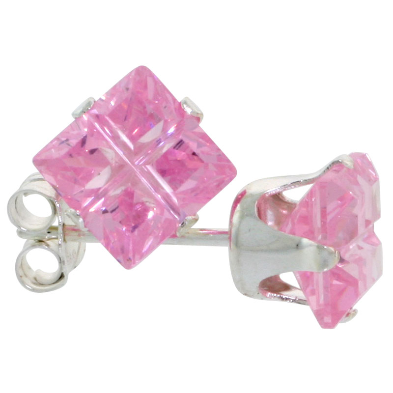 Sterling Silver Cubic Zirconia Invisible Cut Square Pink Earrings Studs 4 carat/pair