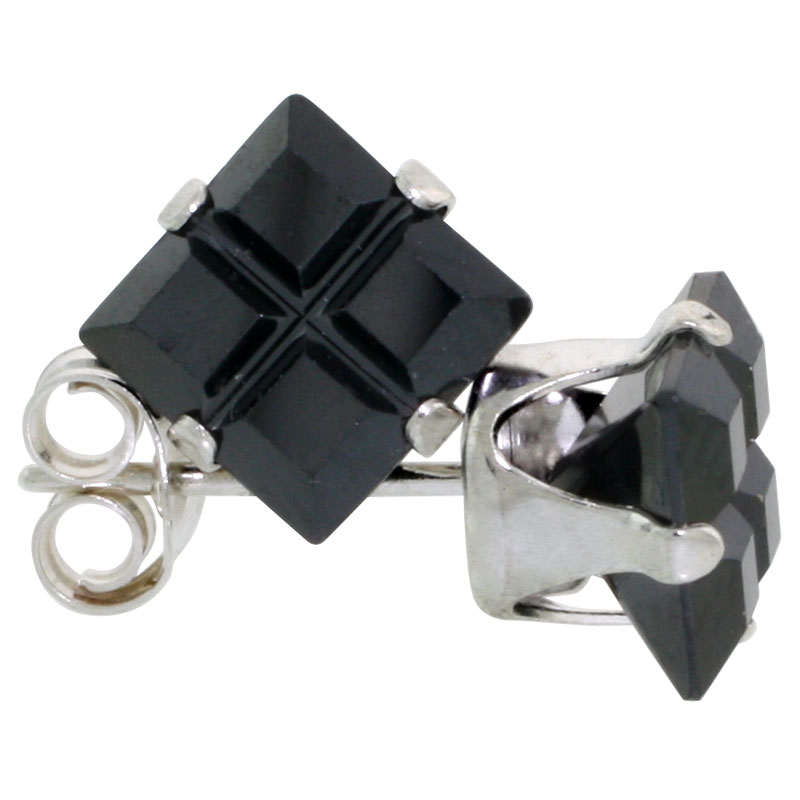 Sterling Silver Cubic Zirconia Invisible Cut Square Black Earrings Studs 2.5 carat/pair