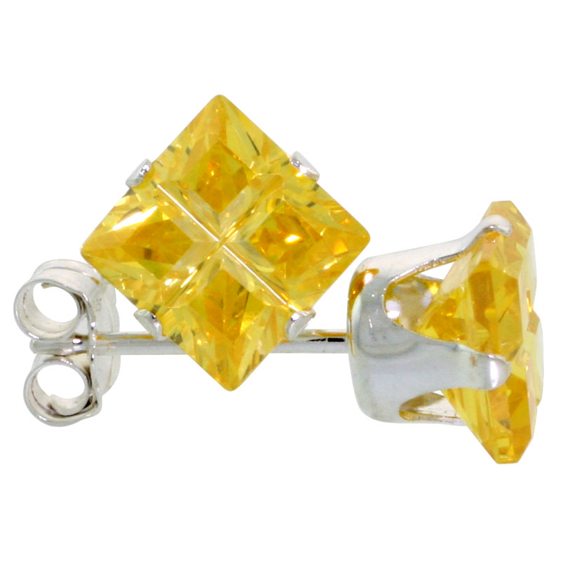 Sterling Silver Cubic Zirconia Invisible Cut Square Citrine Earrings Studs Yellow 4 carat/pair