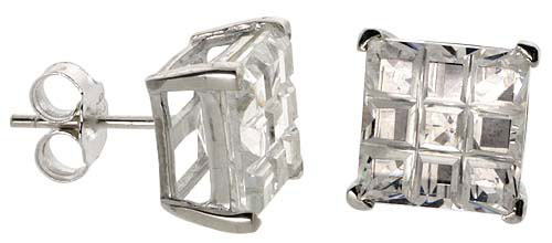 Sterling Silver Cubic Zirconia Invisible Cut Square Earrings Studs 9 mm Basket Set 8 carat/pair