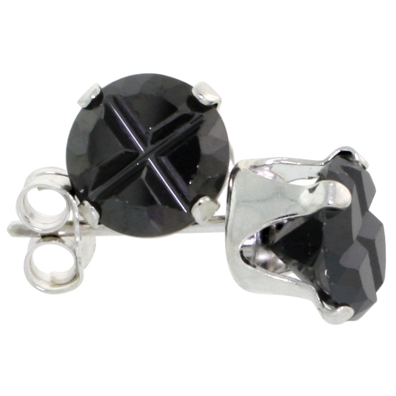 Sterling Silver Cubic Zirconia Black Earrings Studs Invisible cut 2 carat/pair