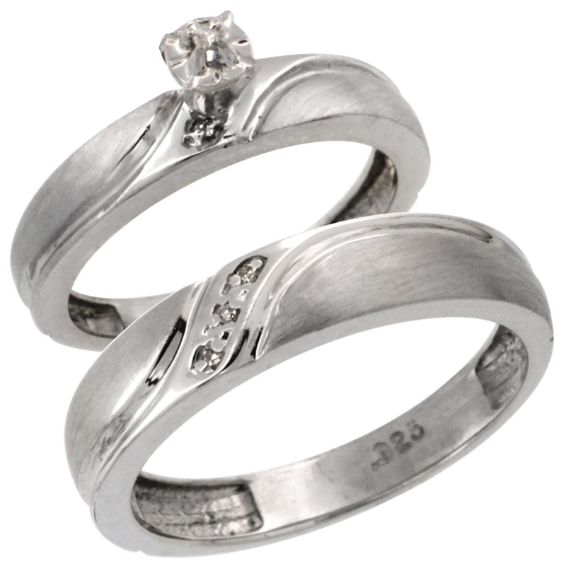 Sterling Silver 2-Pc Diamond Ring Set (4mm Engagement Ring & 5mm Man's Wedding Band), w/ 0.049 Carat Brilliant Cut Diamonds