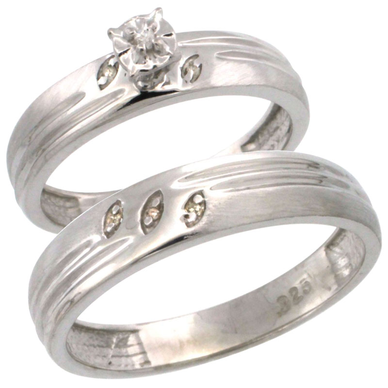 Sterling Silver 2-Pc Diamond Ring Set (4.5mm Engagement Ring & 5mm Man's Wedding Band), w/ 0.056 Carat Brilliant Cut Diamonds