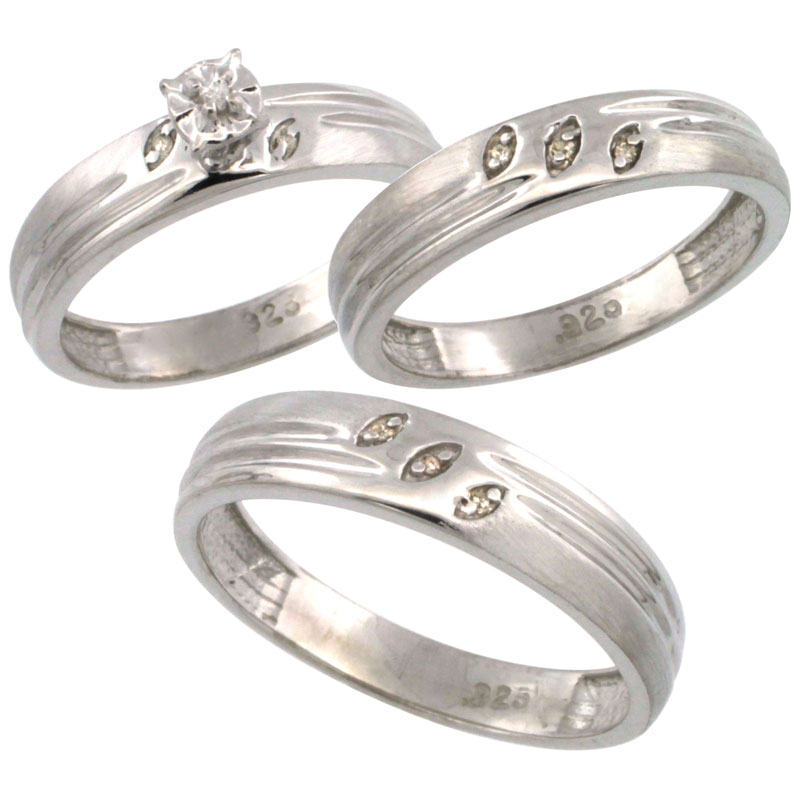 Sterling Silver 3-Pc. Trio His (5mm) & Hers (4.5mm) Diamond Wedding Ring Band Set, w/ 0.075 Carat Brilliant Cut Diamonds (Ladies' Sizes 5-10; Men's Sizes 8 to 14)