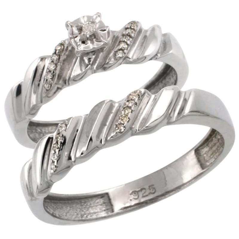 Sterling Silver 2-Pc Diamond Ring Set (5mm Engagement Ring & 5mm Man's Wedding Band), w/ 0.143 Carat Brilliant Cut Diamonds