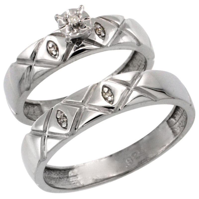 Sterling Silver 2-Pc Diamond Ring Set (4.5mm Engagement Ring & 5mm Man's Wedding Band), w/ 0.043 Carat Brilliant Cut Diamonds