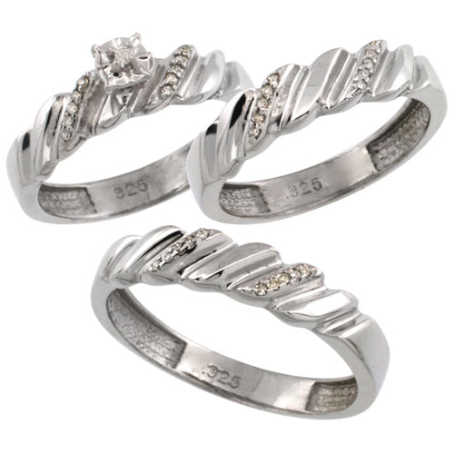 Sterling Silver 3-Pc. Trio His (5mm) & Hers (4.5mm) Diamond Wedding Ring Band Set, w/ 0.056 Carat Brilliant Cut Diamonds (Ladies' Sizes 5-10; Men's Sizes 8 to 14)