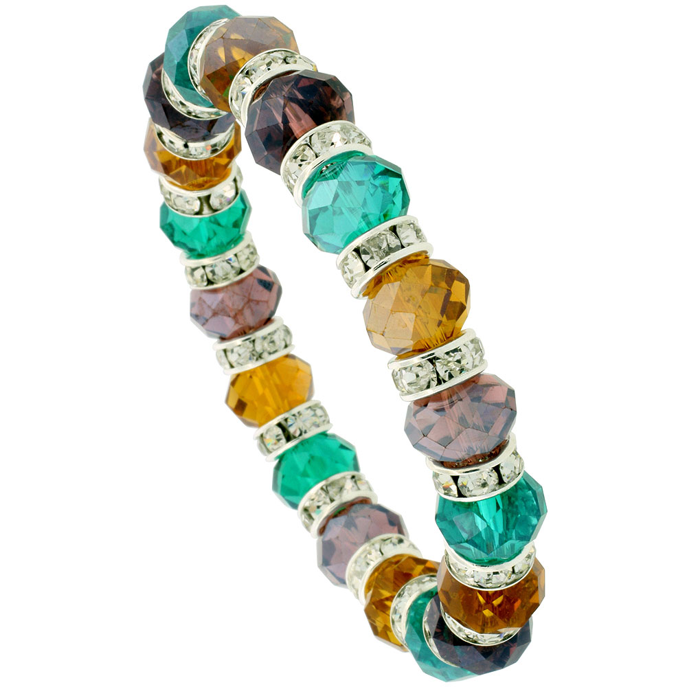 7 in. Multi Color Faceted Glass Crystal Bracelet on Elastic Nylon Strand ( Emerald, Citrine & Amethyst Color ), 3/8 in. (10 mm) wide