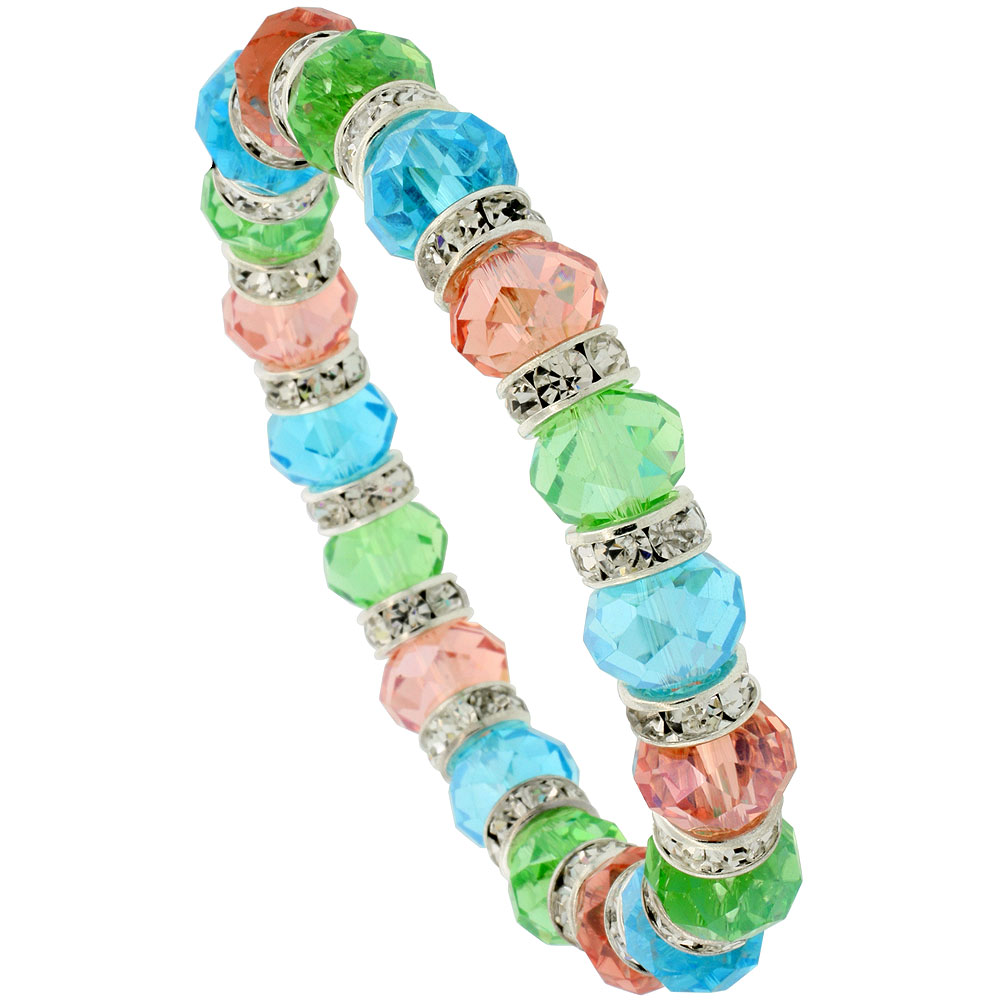 7 in. Multi Color Faceted Glass Crystal Bracelet on Elastic Nylon Strand ( Aquamarine, Peridot & Pink Tourmaline Color ), 3/8 in. (10 mm) wide