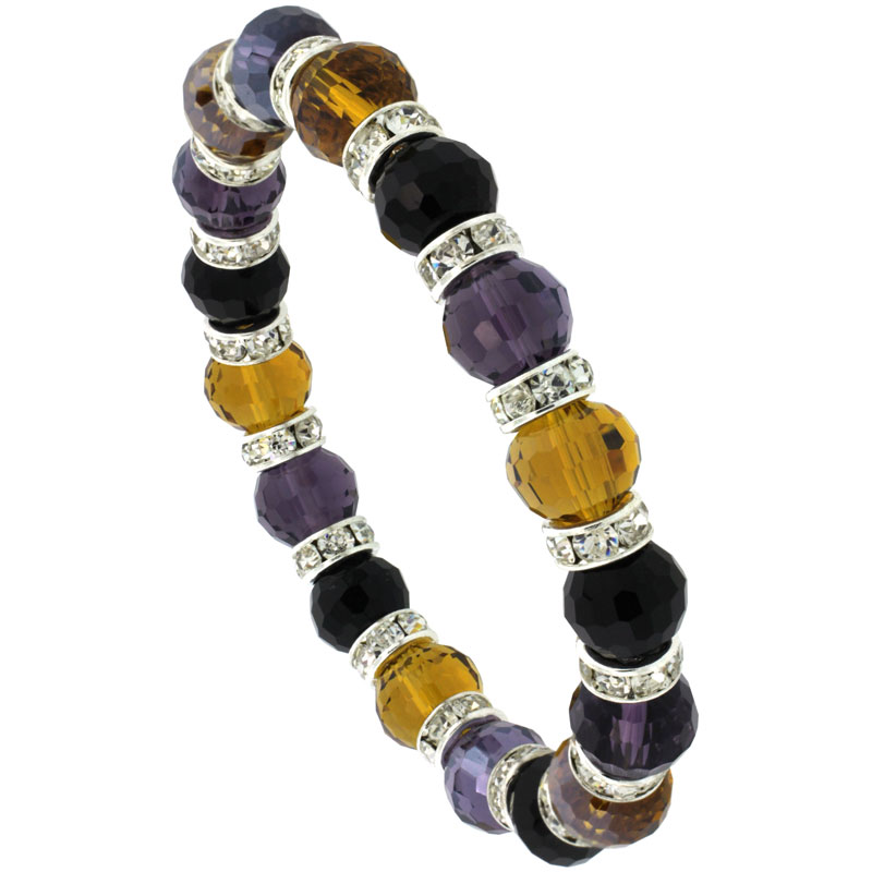 7 in. Multi Color Faceted Glass Crystal Bracelet on Elastic Nylon Strand ( Amber, Citrine, Amethyst & Black Color ), 3/8 in. (10 mm) wide