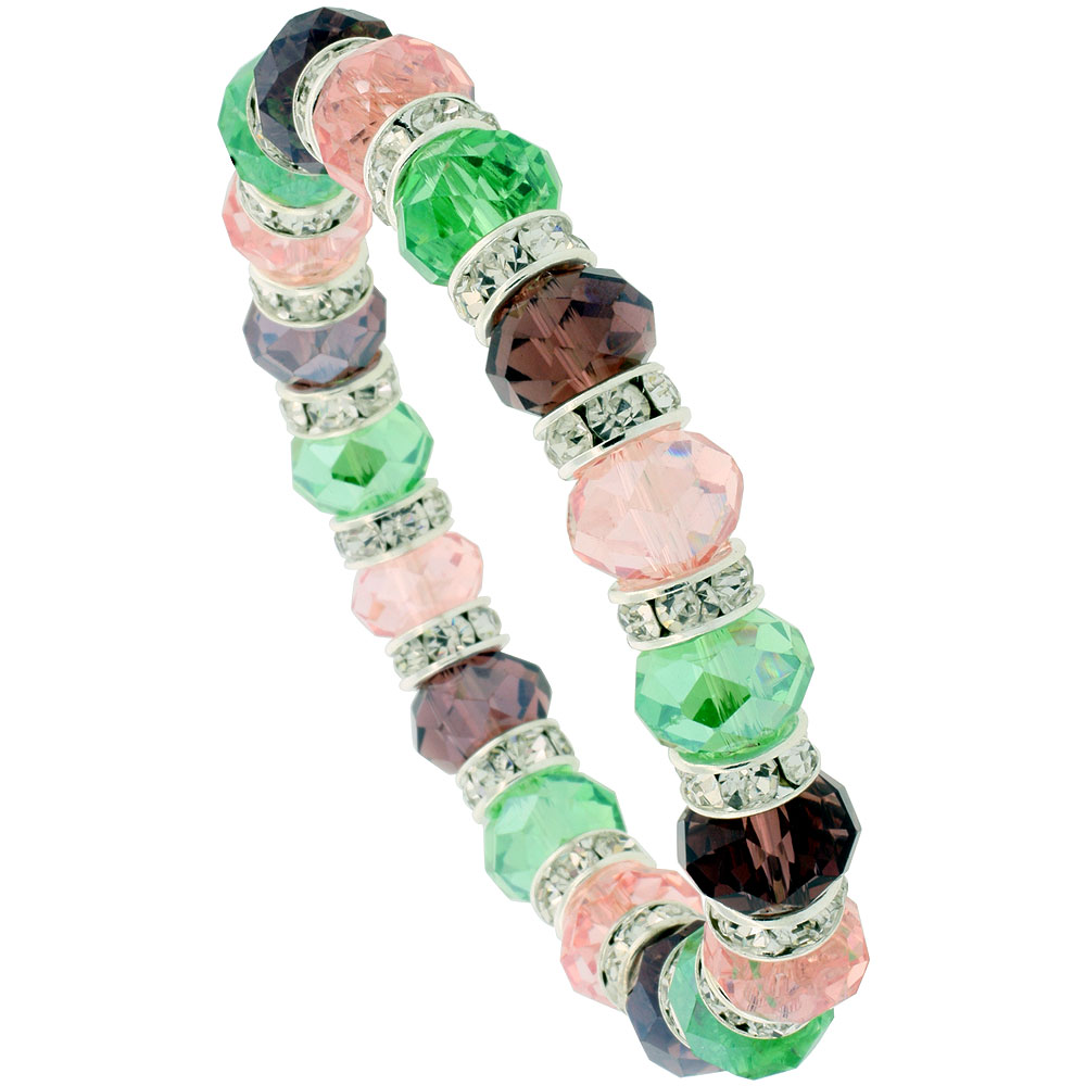 7 in. Multi Color Faceted Glass Crystal Bracelet on Elastic Nylon Strand ( Pink Tourmaline, Peridot & Amethyst Color ), 3/8 in. (10 mm) wide