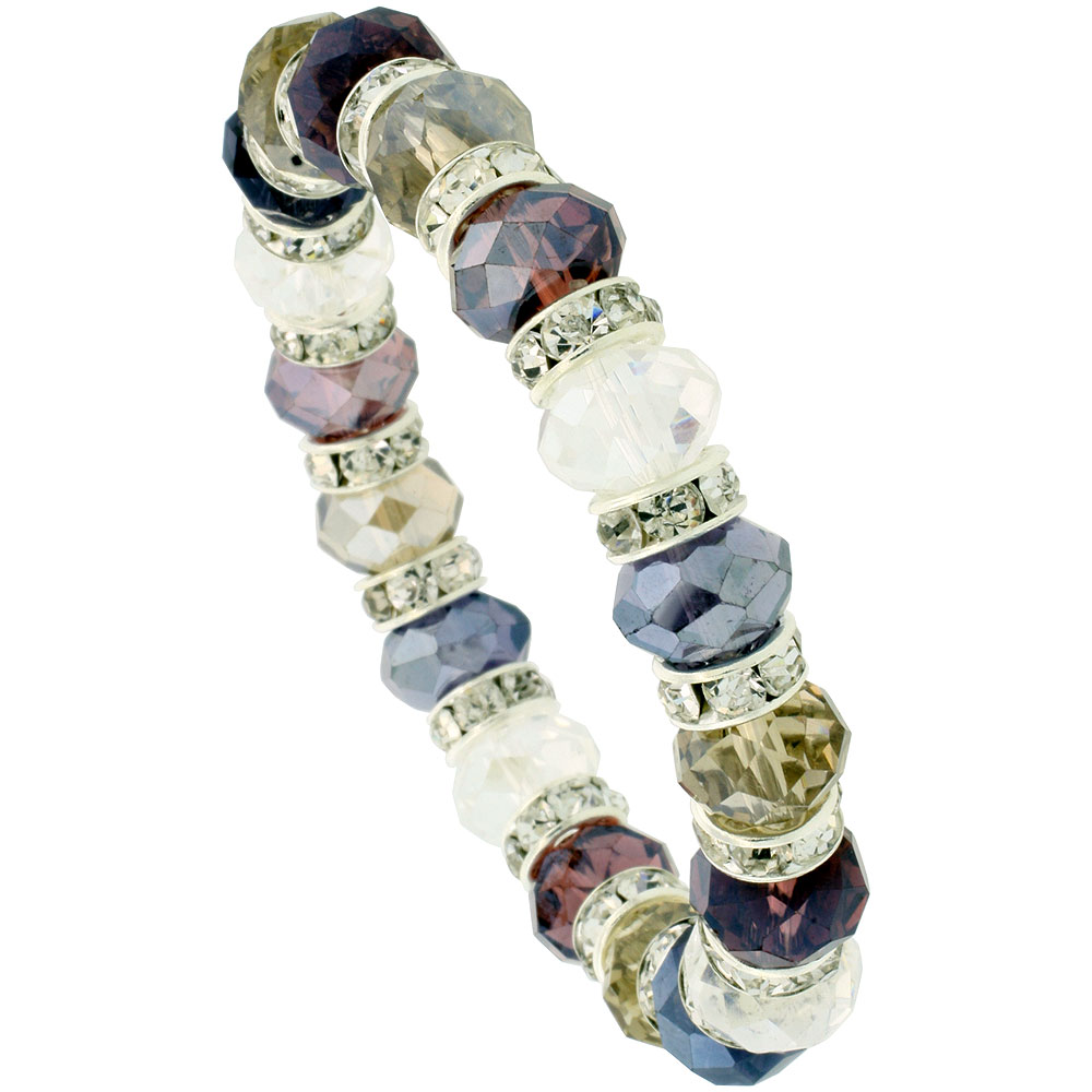 7 in. Multi Color Faceted Glass Crystal Bracelet on Elastic Nylon Strand ( Clear, Garnet, Smoky Topaz & Amethyst Color ), 3/8 in. (10 mm) wide