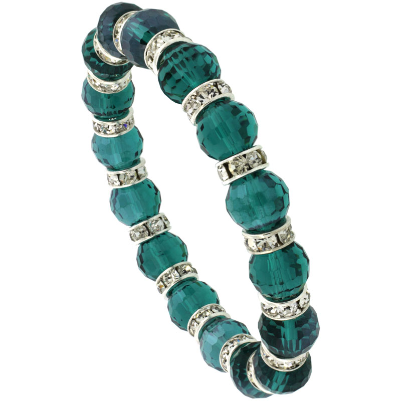 7 in. Emerald Color Faceted Glass Crystal Bracelet on Elastic Nylon Strand, 3/8 in. (10 mm) wide