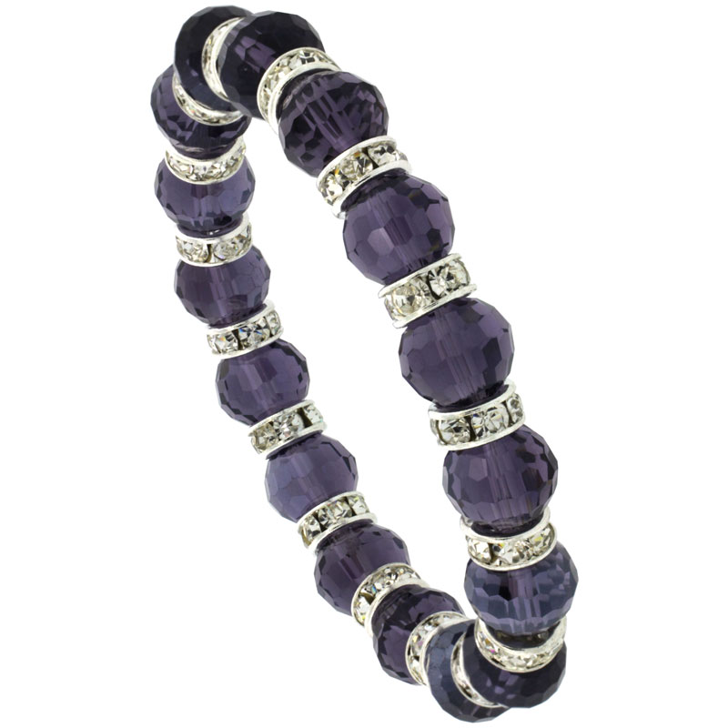 7 in. Amethyst Color Faceted Glass Crystal Bracelet on Elastic Nylon Strand, 3/8 in. (10 mm) wide