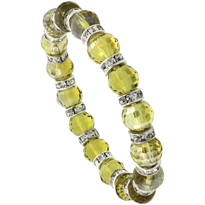 7 in. Amber Color Faceted Glass Crystal Bracelet on Elastic Nylon Strand, 3/8 in. (10 mm) wide