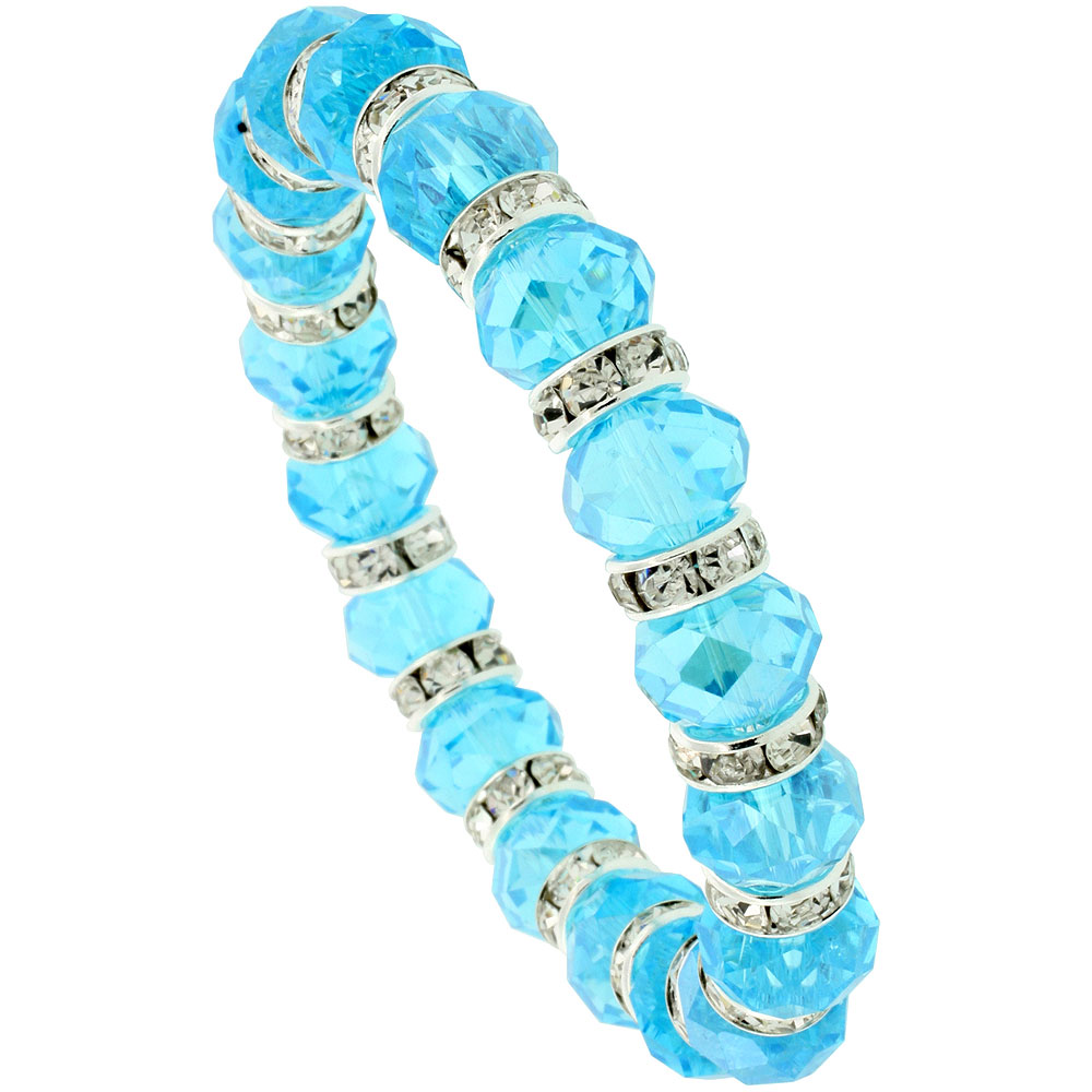 7 in. Aquamarine Color Faceted Glass Crystal Bracelet on Elastic Nylon Strand, 3/8 in. (10 mm) wide