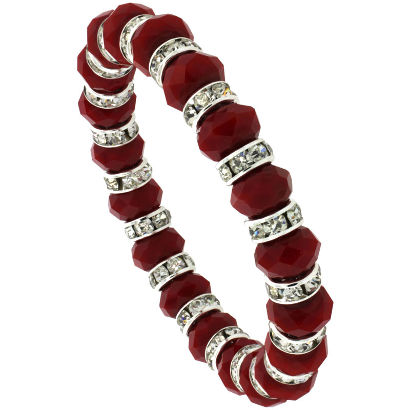 7 in. Ruby Color Faceted Glass Crystal Bracelet on Elastic Nylon Strand, 3/8 in. (10 mm) wide