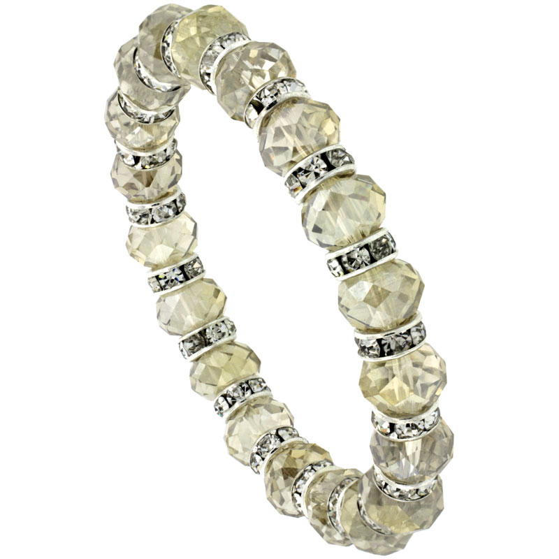 7 in. Silver Shadow Color Faceted Glass Crystal Bracelet on Elastic Nylon Strand, 3/8 in. (10 mm) wide