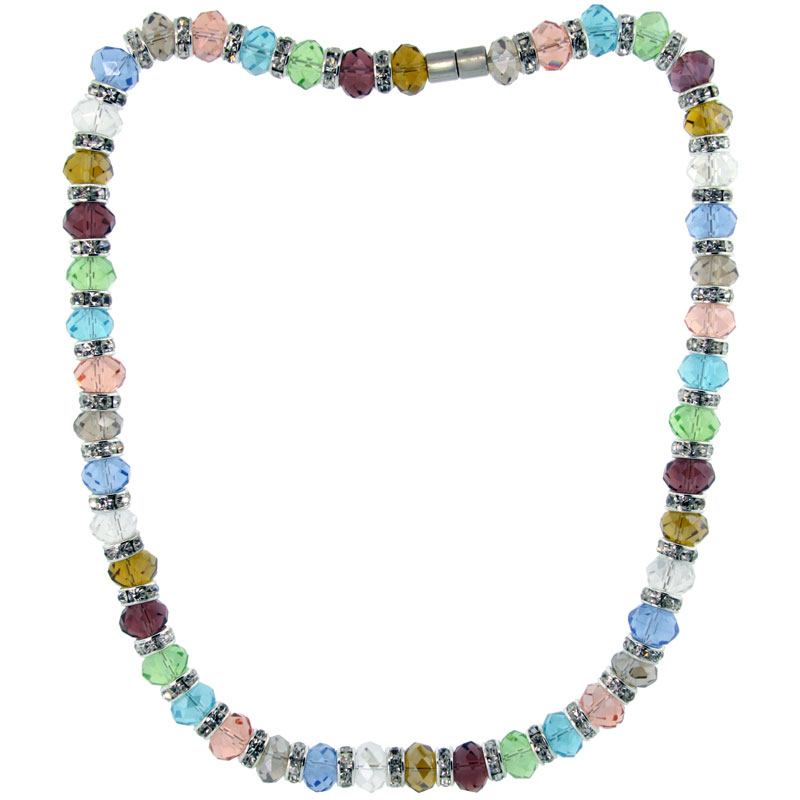 18 in. Multi Color Faceted Glass Crystal Necklace on Elastic Nylon Strand ( Clear, Garnet, Citrine, Blue Topaz, Smoky Topaz, Peridot, Amethyst, Pink Tourmaline & Tanzanite Color ), 3/8 in. (10 mm) wide