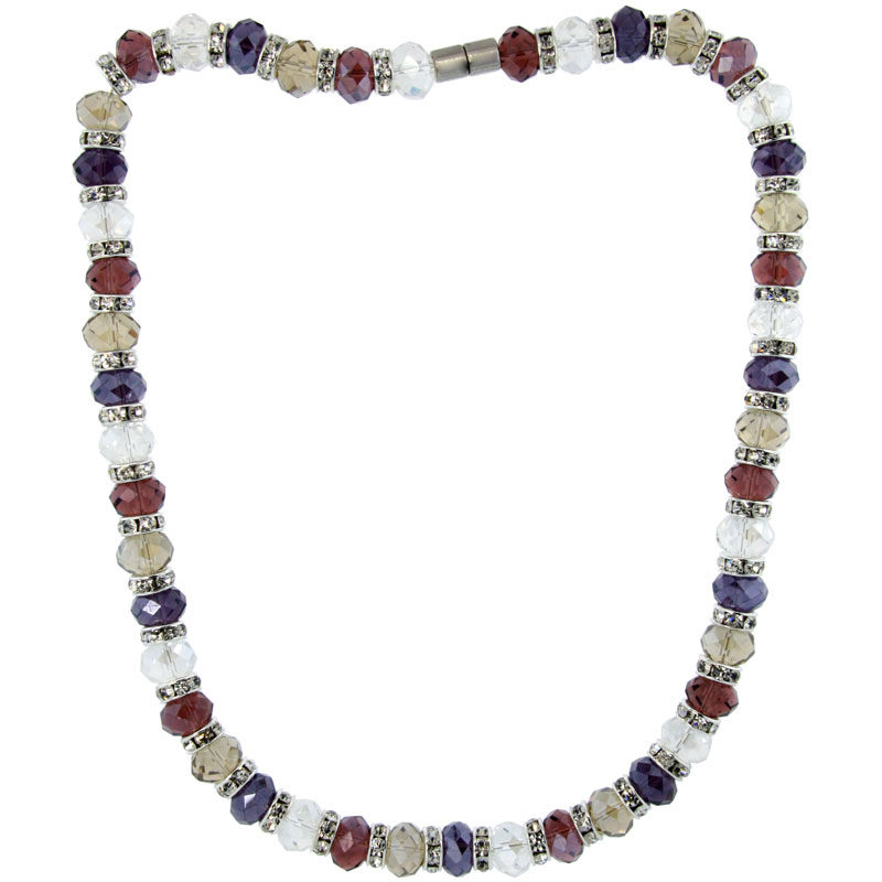 18 in. Multi Color Faceted Glass Crystal Necklace on Elastic Nylon Strand ( Clear, Garnet, Smoky Topaz & Amethyst Color ), 3/8 in. (10 mm) wide