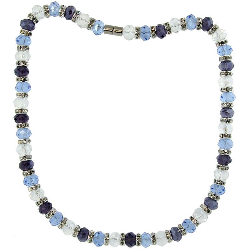 18 in. Multi Color Faceted Glass Crystal Necklace on Elastic Nylon Strand ( Clear, Blue Topaz & Amethyst Color ), 3/8 in. (10 mm) wide
