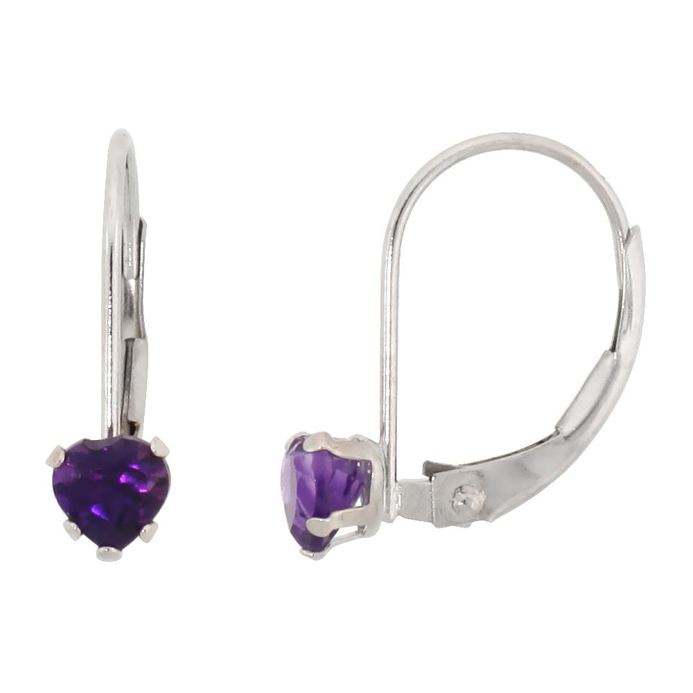 10k White Gold Natural Amethyst Heart Leverback Earrings 4mm February Birthstone, 9/16 inch tall