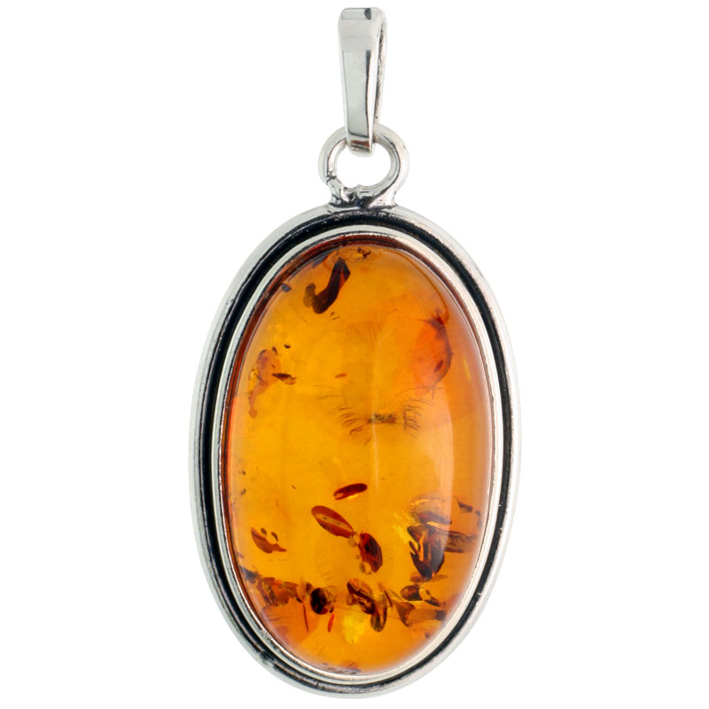 Sterling Silver Oval Russian Baltic Amber Pendant w/ 25x15mm Oval-shaped Cabochon Cut Stone, 1 5/16" (33 mm) tall 
