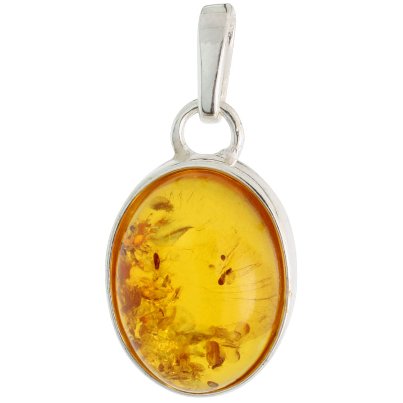 Sterling Silver Oval Russian Baltic Amber Pendant w/ 16x12mm Oval-shaped Cabochon Cut Stone, 13/16" (21 mm) tall 