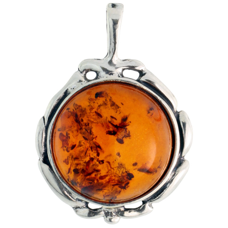 Sterling Silver Russian Baltic Amber Pendant w/ 15mm Round-shaped Cabochon Cut Stone, 13/16" (21 mm) tall 
