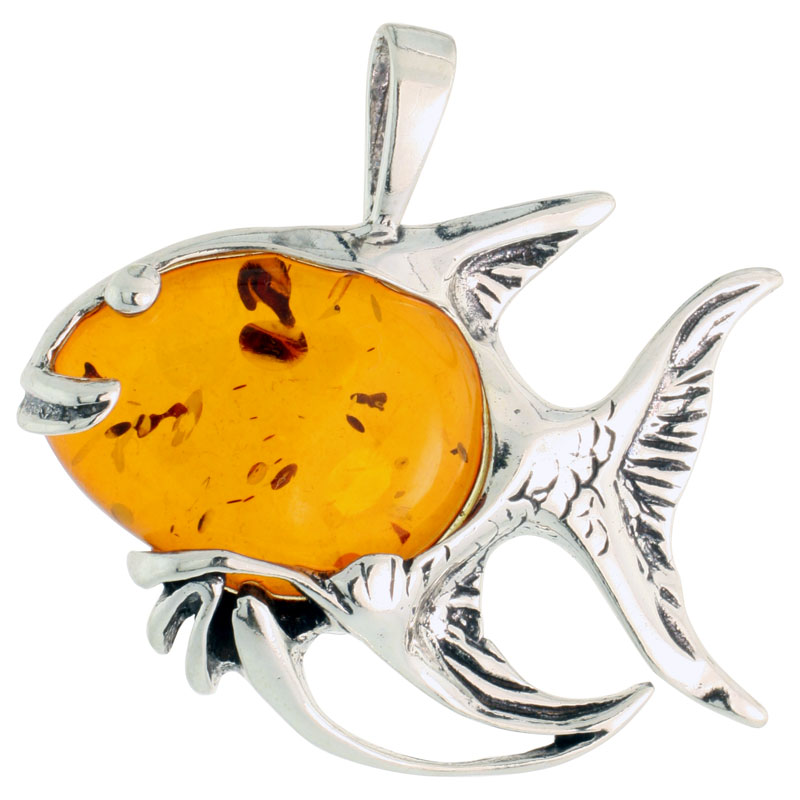 Sterling Silver Fish Russian Baltic Amber Pendant w/ Cabochon Cut Stone, 1 1/4" (31 mm) tall 