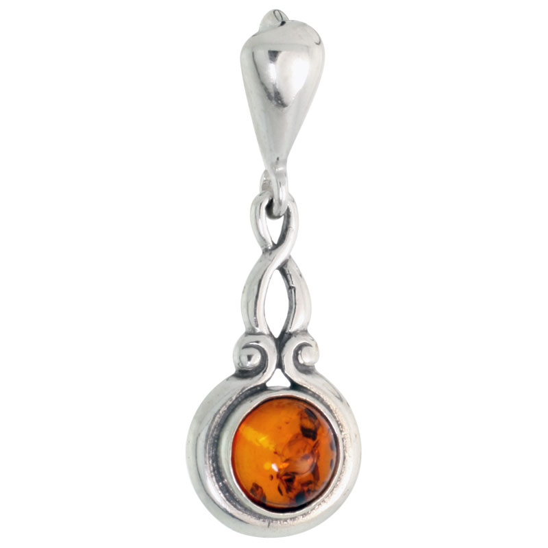 Sterling Silver Russian Baltic Amber Pendant w/ 6mm Round-shaped Cabochon Cut Stone, 13/16" (21 mm) tall 
