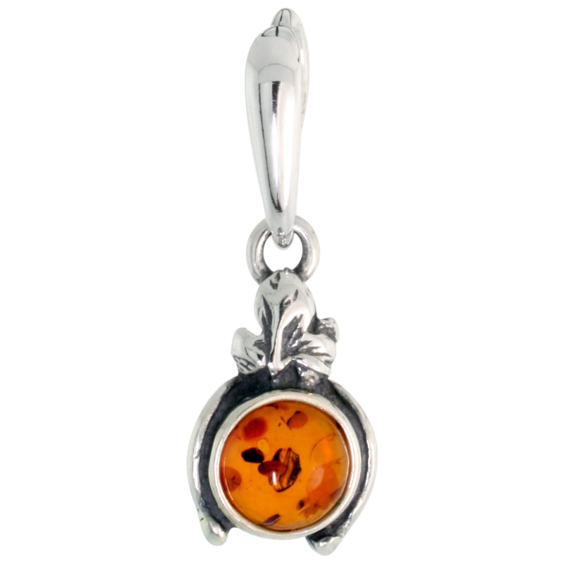 Sterling Silver Floral Russian Baltic Amber Pendant w/ 6mm Round-shaped Cabochon Cut Stone, 9/16" (15 mm) tall 