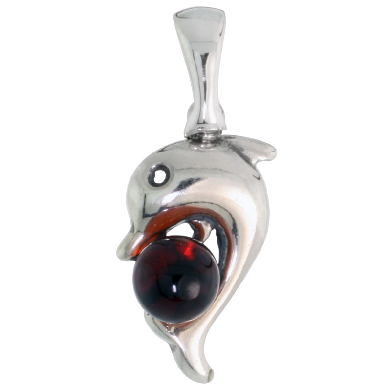 Sterling Silver Dolphin Russian Baltic Amber Pendant w/ 5mm Round-shaped Cabochon Cut Stone, 11/16" (18 mm) tall 