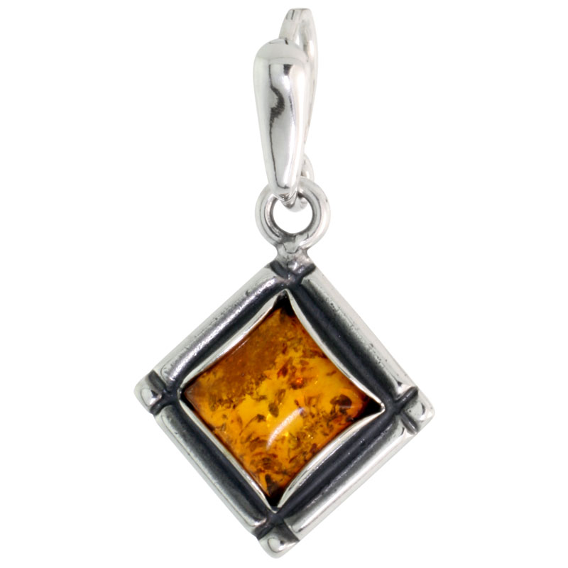 Sterling Silver Diamond-shaped Russian Baltic Amber Pendant w/ 8mm Square-shaped Cabochon Cut Stone, 3/4" (20 mm) tall 