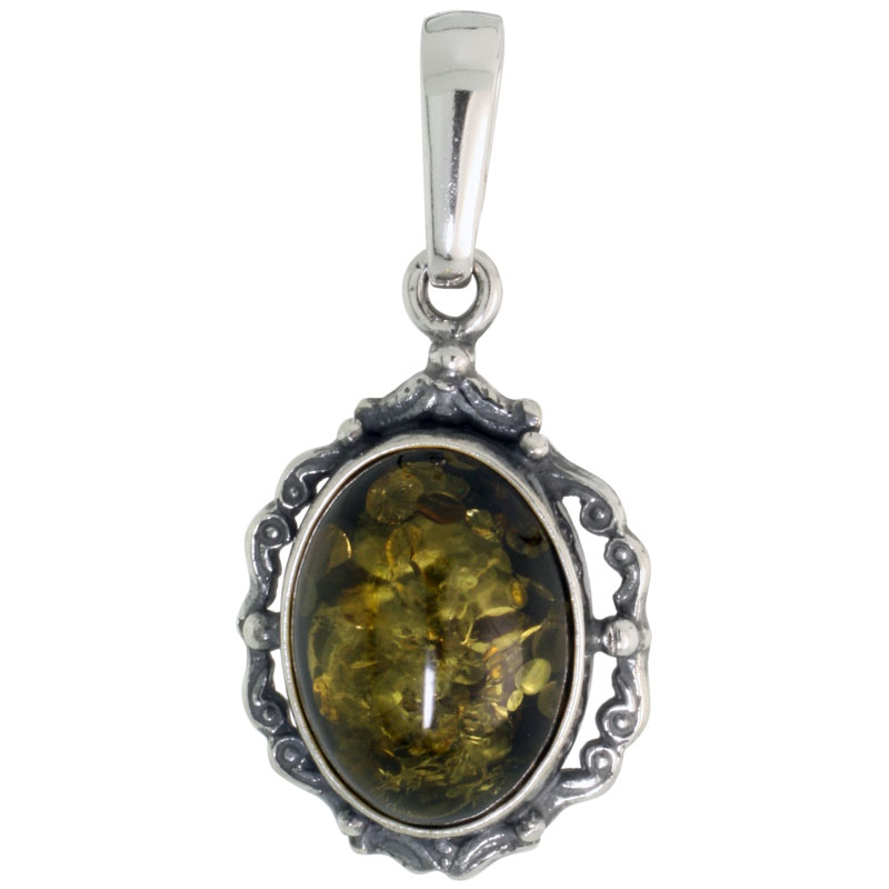 Sterling Silver Floral Russian Baltic Amber Pendant w/ 16x12mm Oval-shaped Cabochon Cut Green Amber Stone, 1" (25 mm) tall 