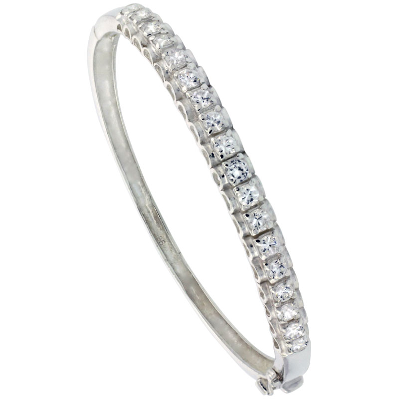 Sterling Silver Bangle Bracelet 18-Stone w/ Cubic Zirconia Stones, 3/16 inch wide