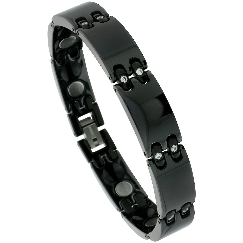 Ceramic Black Magnetic Therapy Bar Bracelet Cubic Zirconia Stones, 1/2 inch wide, 