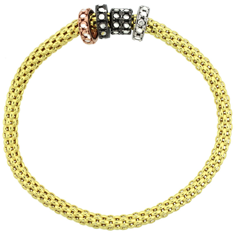 Sterling Silver Stretch Bangle Bracelet Yellow Gold Finish Tri-Color Circle Bead Charm Accents, 3/16 inch wide