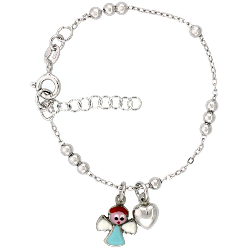 Sterling Silver Beaded Cable Link Baby Bracelet in White Gold Finish w/ Heart & Angel Charms (5-6 inch)