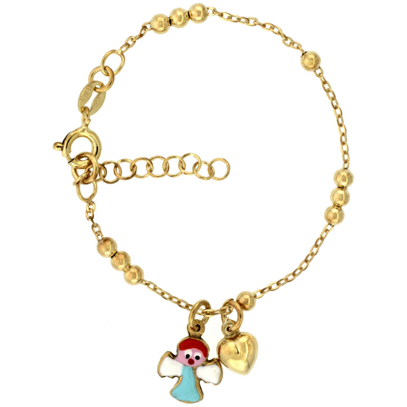 Sterling Silver Beaded Cable Link Baby Bracelet in Yellow Gold Finish w/ Heart & Angel Charms (5-6 inch)