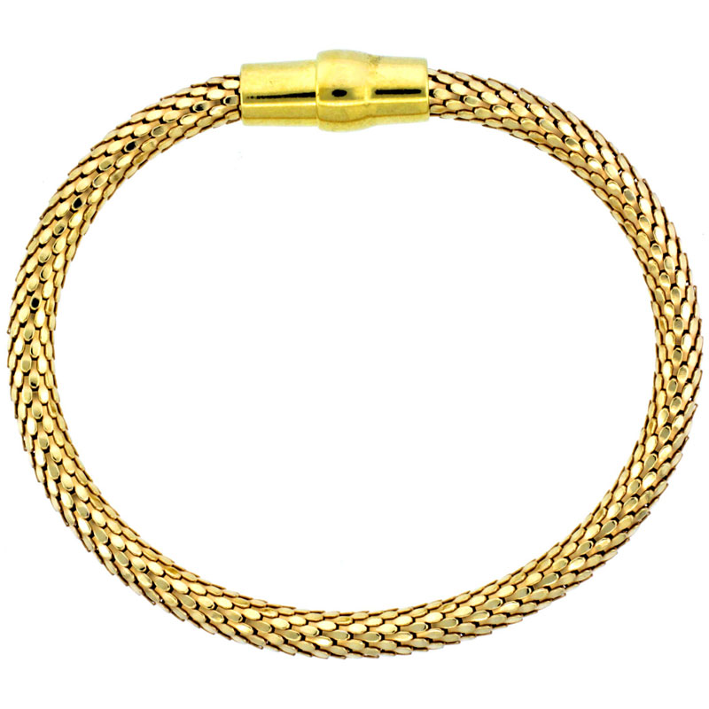 Sterling Silver Flexible Bangle Bracelet Magnetic Clasp Yellow Gold Finish, 3/16 inch wide