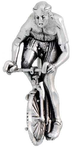 Sterling Silver Bicyclist Brooch Pin, 1 1/4" (32 mm) tall